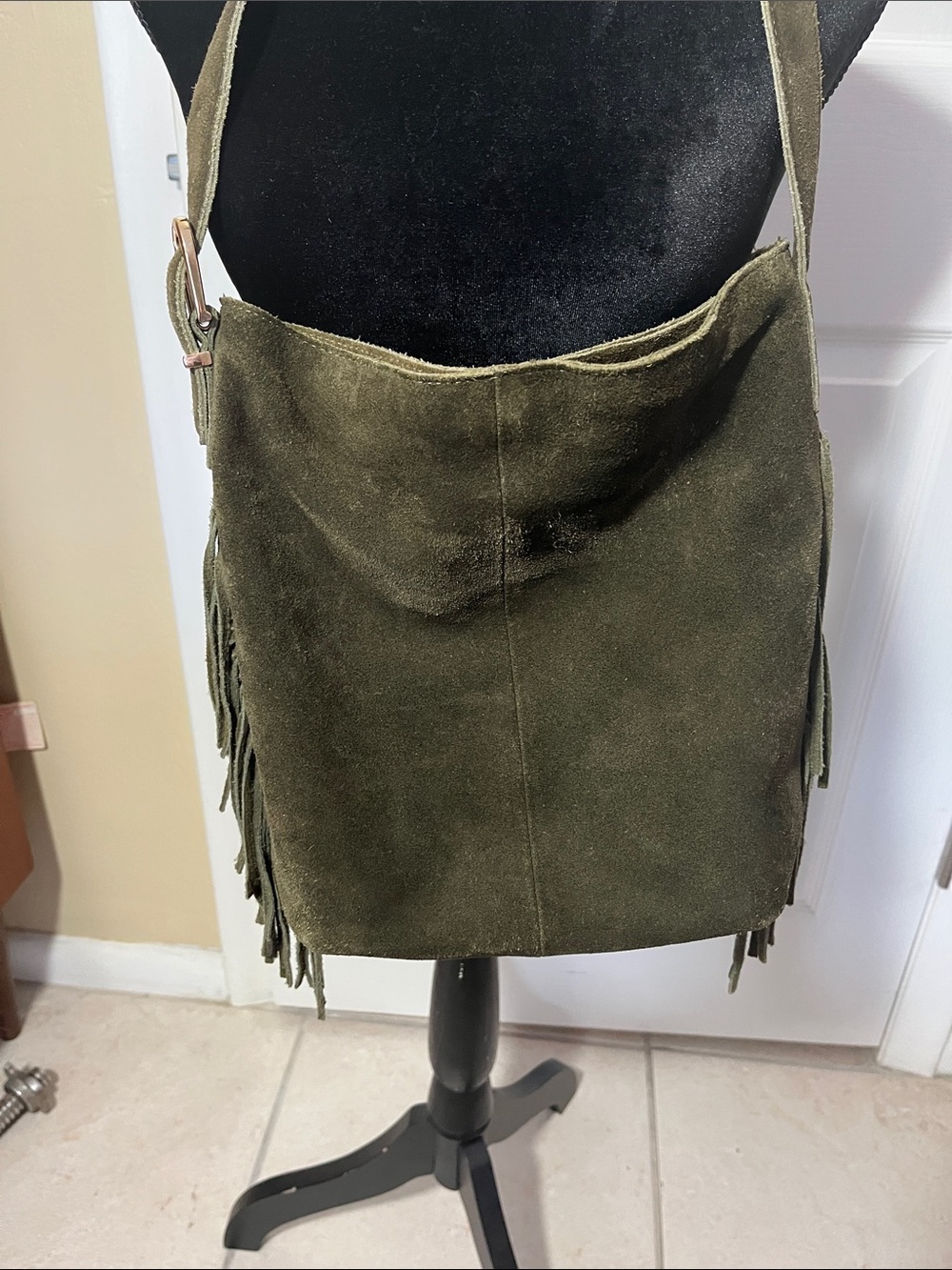 Haute Hippy suede leather bucket hobo purse bag fringe olivegreen shoulder strap - Picture 5 of 11